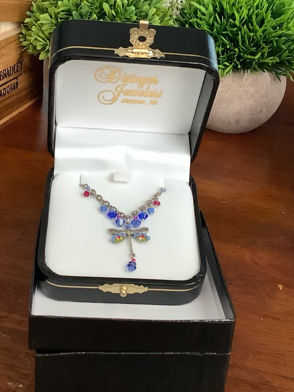 Vintage Crystal Dragonfly Necklace in Blue and Pink by Firefly